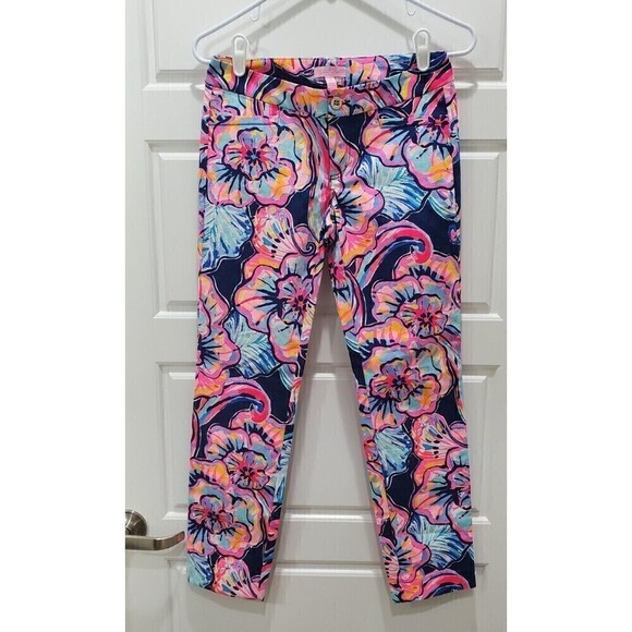 LILLY PULITZER KELLY SKINNY ANKLE PANTS NAVY BLUE BRIGHT PINK FLORAL WOMEN 0 - Picture 1 of 16